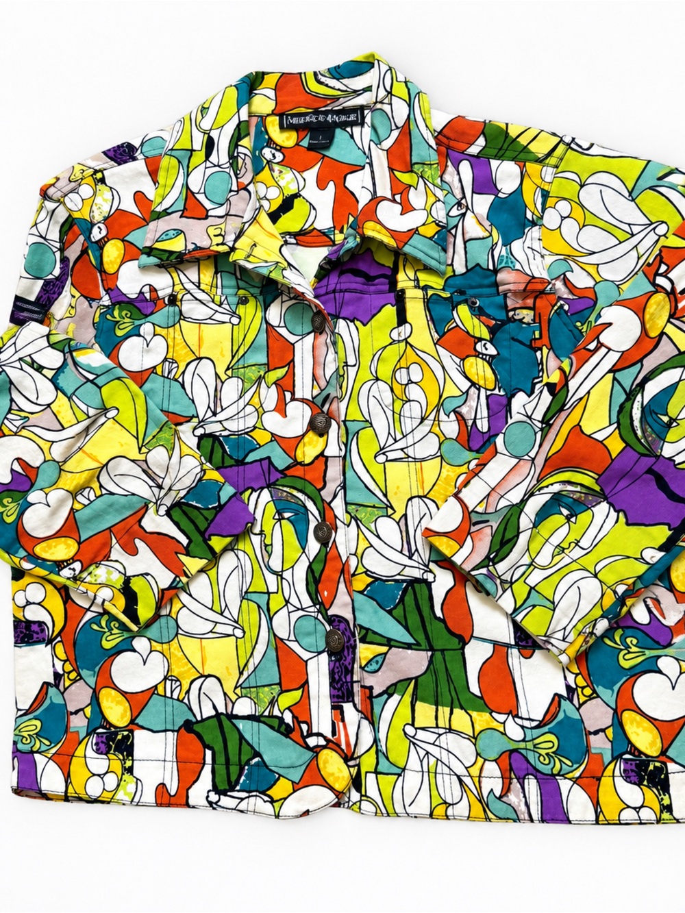 Vintage Mirror Image Womens Jacket L Colorful Abstract Pop Art 3/4 Sleeve Cotton